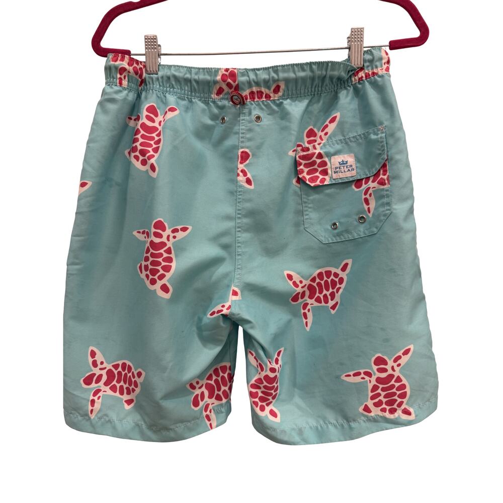 Peter Millar Men Sea Turtle Print Swim Trunks Blue Pink Mesh Lined Beach Shorts